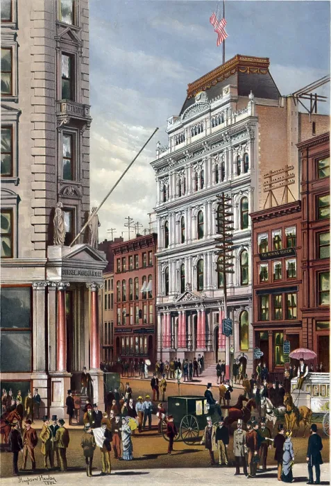 Framed Print : New York Stock Exchange in 1882 with telegraph office next door. Telegraph lines are at the street level, as well as on building tops, providing fast international communication Framed Print : New York Stock Exchange in 1882 with telegraph office next door. Telegraph lines are at the street level, as well as on building tops, providing fast international communication