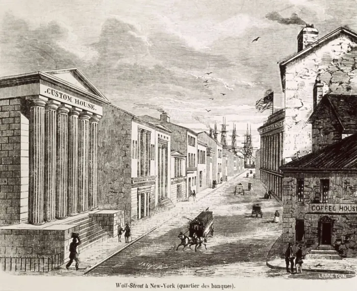 Framed Print : New York. Wall Street with the buildings of Custom House, Stock Exhange and banks. Engraving. AISA / Everett Collection**US SALES ONLY**