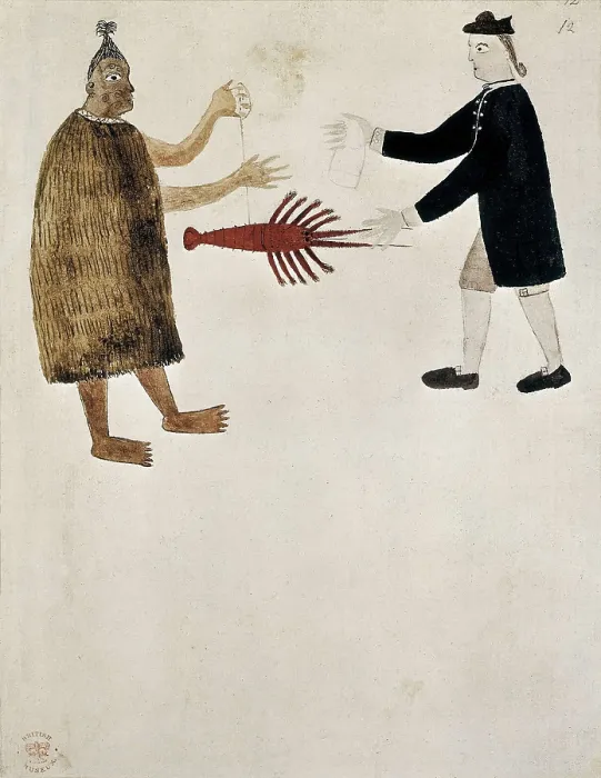 Framed Print : New Zealand (1768-1779). Exchange between a Maori and an English sailor of the Endevour, of the Cook's expedition. Drawing. UNITED KINGDOM. London. The British Museum Framed Print : New Zealand (1768-1779). Exchange between a Maori and an English sailor of the Endevour, of the Cook's expedition. Drawing. UNITED KINGDOM. London. The British Museum
