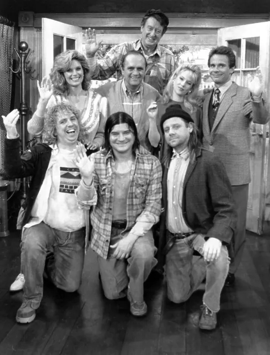 Framed Print : NEWHART, cast during final episode of series, top: Tom Poston; middle from left: Mary Frann, Bob Newhart, Julia Duffy, Peter Scolari; bottom from left: John Volstad Framed Print : NEWHART, cast during final episode of series, top: Tom Poston; middle from left: Mary Frann, Bob Newhart, Julia Duffy, Peter Scolari; bottom from left: John Volstad
