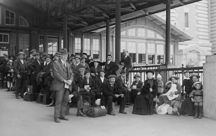 Framed Print : Newly arrived Immigrants awaiting examination at Ellis Island, c. 1915-1920. (BSLOC_2018_1_16)