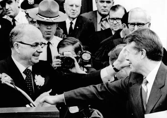 Framed Print : Newly Inaugurated Georgia Governor Jimmy Carter (right) shakes hands with his predecessor, segregationist Lester Maddox. Jan. 13, 1971 Framed Print : Newly Inaugurated Georgia Governor Jimmy Carter (right) shakes hands with his predecessor, segregationist Lester Maddox. Jan. 13, 1971