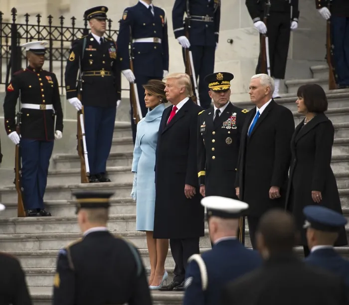 Framed Print : Newly inaugurated President Donald Trump reviewing troops from the Capitol steps, Jan. 20, 2017
