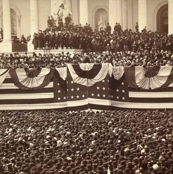 Framed Print : Newly inaugurated President Grover Cleveland delivers his inaugural address, March 4, 1885. Nearby at left is outgoing President Chester A. Arthur Framed Print : Newly inaugurated President Grover Cleveland delivers his inaugural address, March 4, 1885. Nearby at left is outgoing President Chester A. Arthur