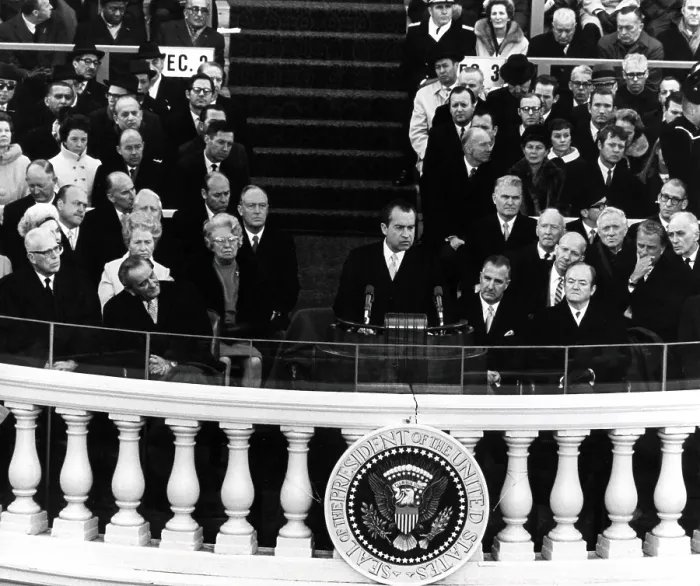 Framed Print : Newly sworn-in President Richard Nixon speaking at his first inauguration, Jan. 20, 1969