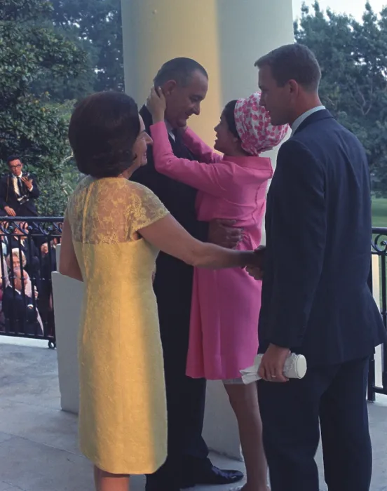 Framed Print : Newlyweds Luci and Patrick Nugent say goodbye to the President and First Lady as they leave for their honeymoon. August 6, 1966