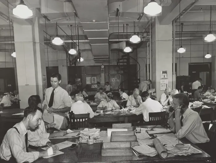Framed Print : News room of the New York Times, Sept. 3, 1942. In the foreground is the City Desk which handles local news. The City copy desk is in middle ground, with foreign desk to right