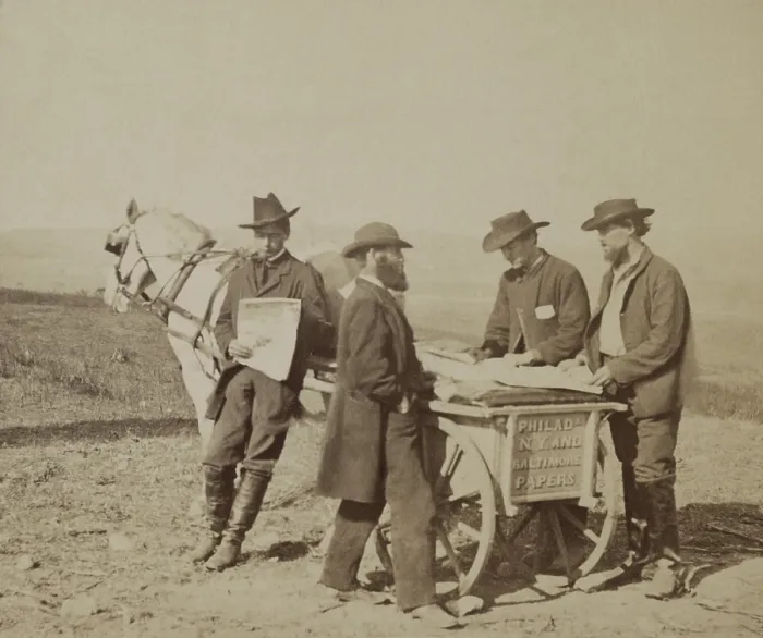 Framed Print : The newsboy in camp was a welcome at a Union camp at Culpeper, Virginia. Nov. 1863 photo by Alexander Gardner (BSLOC_2019_2_116)