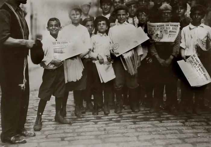 Framed Print : Newsboys with newspapers announcing the results of the boxing match between James J Framed Print : Newsboys with newspapers announcing the results of the boxing match between James J