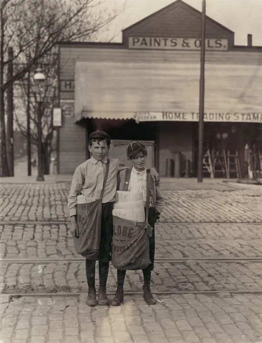 Framed Print : Two newsboys, from original caption: The boy with bag, nicknamed Turk, said he was going to Texas soon