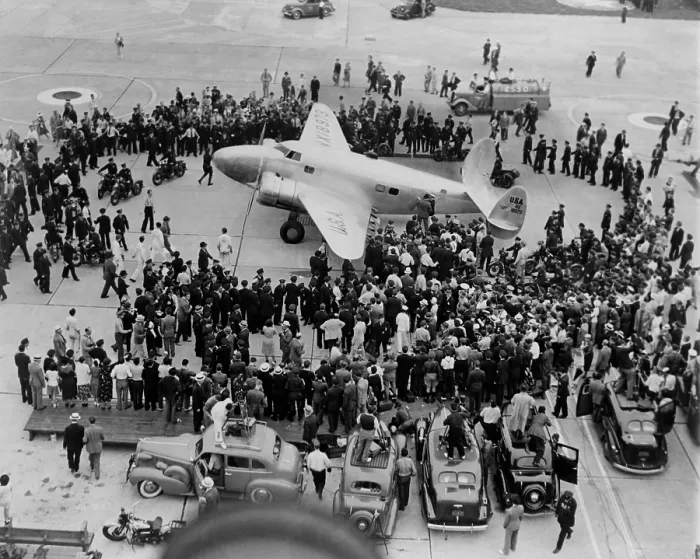 Framed Print : Newsmen surrounding Howard Hughes twin-motored monoplane at Floyd Bennett airport, July 10, 1938 Framed Print : Newsmen surrounding Howard Hughes twin-motored monoplane at Floyd Bennett airport, July 10, 1938