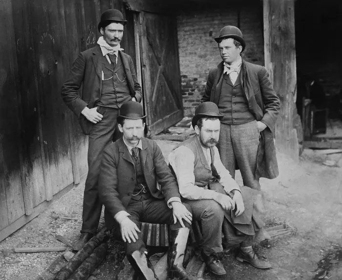 Framed Print : Newspaper reporters on the scene at the Johnstown Flood in June 1889. Clockwise from upper right: Ervin Wardman, Charles Edward Russell, Richard A. Farrelly, and W.J. Kenney