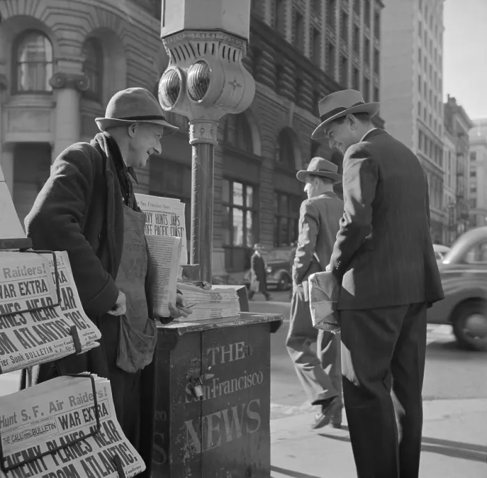 Framed Print : Newspaper stand on Monday morning, Dec. 8, 1941, the day after Japanese attack on Pearl Harbor. Headline reads, ENEMY PLANES NEAR N.Y. FROM ATLANTIC Framed Print : Newspaper stand on Monday morning, Dec. 8, 1941, the day after Japanese attack on Pearl Harbor. Headline reads, ENEMY PLANES NEAR N.Y. FROM ATLANTIC