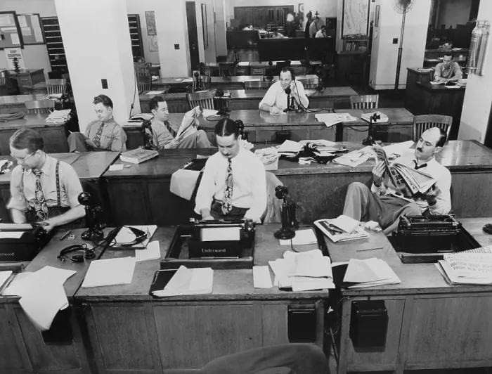 Framed Print : Newsroom of the New York Times. Reporters and rewrite men writing stories, while others wait to be sent out