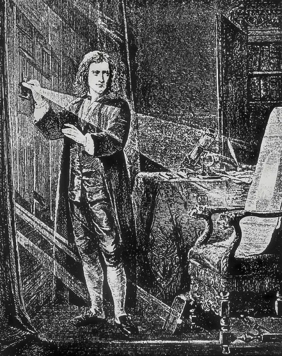 Framed Print : Newton, Sir Isaac (1642-1727). English mathematician, physicist and astronomer. Newton analyzing a light beam. Engraving. FRANCE. Paris. National Library