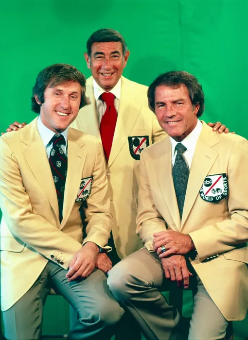 Framed Print : NFL MONDAY NIGHT FOOTBALL (aka ABC MONDAY NIGHT FOOTBALL), from left: Fran Tarkenton, Howard Cosell, Frank Gifford, 1970
