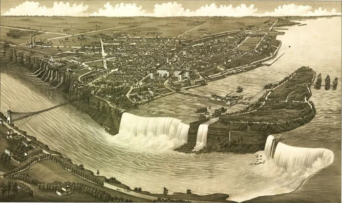 Framed Print : Niagara Falls, with factories using the River's hydroelectric potential, and river water flowing from manmade channels in the Niagara Gorge walls. 1882 Framed Print : Niagara Falls, with factories using the River's hydroelectric potential, and river water flowing from manmade channels in the Niagara Gorge walls. 1882