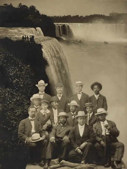 Framed Print : Niagara Movement founders superimposed over an image of Niagara Falls, 1905. Front Row, L-R:, Henry L. Baily of Washington, D.C.; Clement G. Morgan of Massachusetts; W.H.H