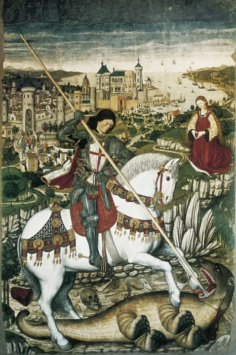 Framed Print : NIARD, Pere (15th century). Altarpiece of Saint George. c. 1468-1470. In the background, the bay of Palma and Portop. Gothic art. Tempera on wood. SPAIN. Palma de Mallorca Framed Print : NIARD, Pere (15th century). Altarpiece of Saint George. c. 1468-1470. In the background, the bay of Palma and Portop. Gothic art. Tempera on wood. SPAIN. Palma de Mallorca