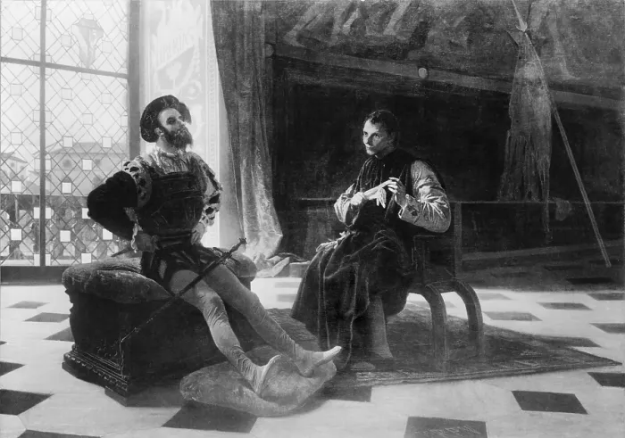 Framed Print : Niccol Machiavelli (1469-1527) in an imagined scene with Borgia, Cesare