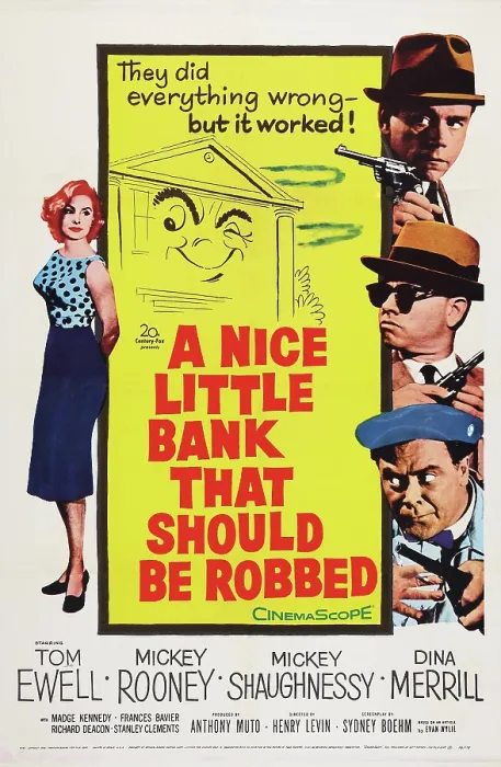 Framed Print : A NICE LITTLE BANK THAT SHOULD BE ROBBED, US poster art, clockwise from left: Dina Merrill, Tom Ewell, Mickey Rooney, Mickey Shaughnessy, 1958