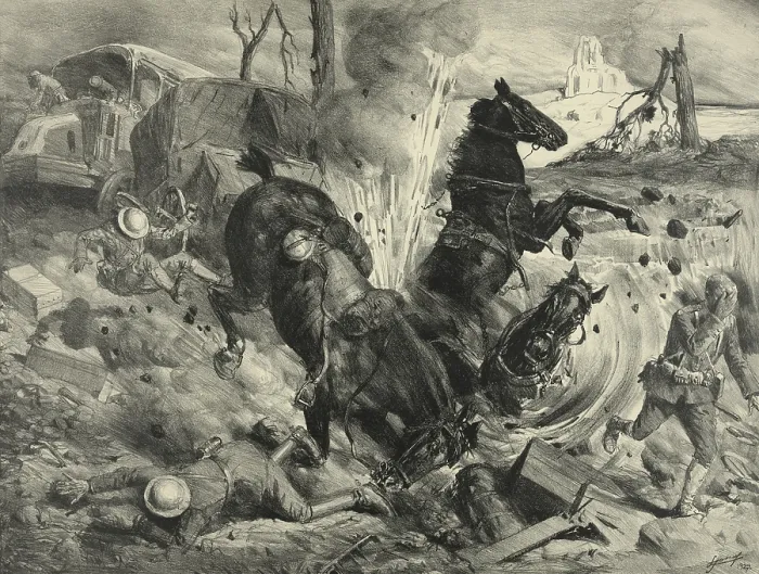 Framed Print : Night bombing by aeroplanes striking horses and soldiers near Soissons in WW1. 1918. 1927 lithograph by Lucian Jonas. (BSLOC_2012_4_39)