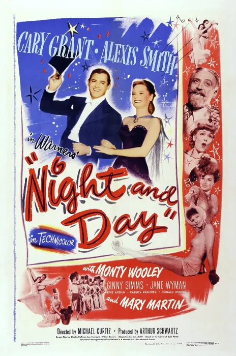Framed Print : NIGHT AND DAY, left l-r: Cary Grant, Alexis Smith, right from top: Monty Woolley, Jane Wyman, Ginny Simms, Mary Martin on poster art, 1946 Framed Print : NIGHT AND DAY, left l-r: Cary Grant, Alexis Smith, right from top: Monty Woolley, Jane Wyman, Ginny Simms, Mary Martin on poster art, 1946