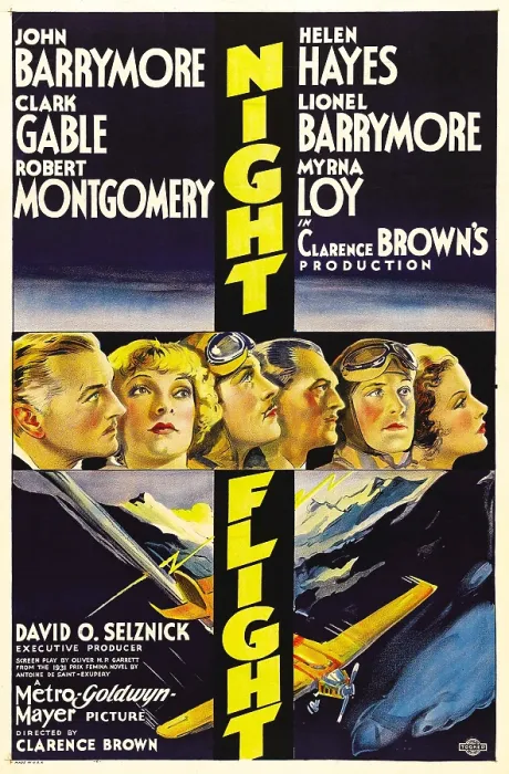 Framed Print : NIGHT FLIGHT, from left: John Barrymore, Helen Hayes, Clark Gable, Lionel Barrymore, Robert Montgomery, Myrna Loy, 1933