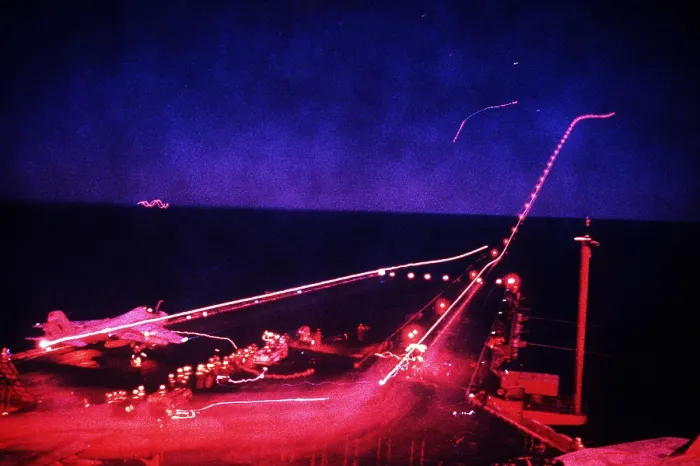 Framed Print : Night flight operations aboard the aircraft carrier USS SARATOGA during Operation Desert Storm of 1991. Feb. 1 1991. (BSLOC_2011_12_2)