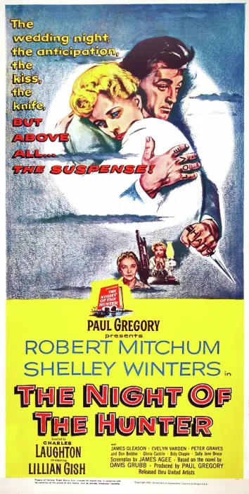 Framed Print : THE NIGHT OF THE HUNTER, top l-r: Shelley Winters, Robert Mitchum, bottom, Lillian Gish, Bily Chapin on poster art, 1955