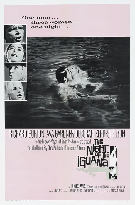 Framed Print : THE NIGHT OF THE IGUANA, left from top: Richard Burton, Ava Gardner, Deborah Kerr, Sue Lyon, right: Richard Burton, Sue Lyon on poster art, 1964 Framed Print : THE NIGHT OF THE IGUANA, left from top: Richard Burton, Ava Gardner, Deborah Kerr, Sue Lyon, right: Richard Burton, Sue Lyon on poster art, 1964