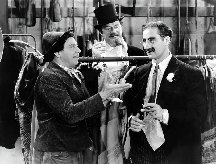 Framed Print : A NIGHT AT THE OPERA, Chico Marx, Sig Rumann, Groucho Marx, 1935, negoitating the contract