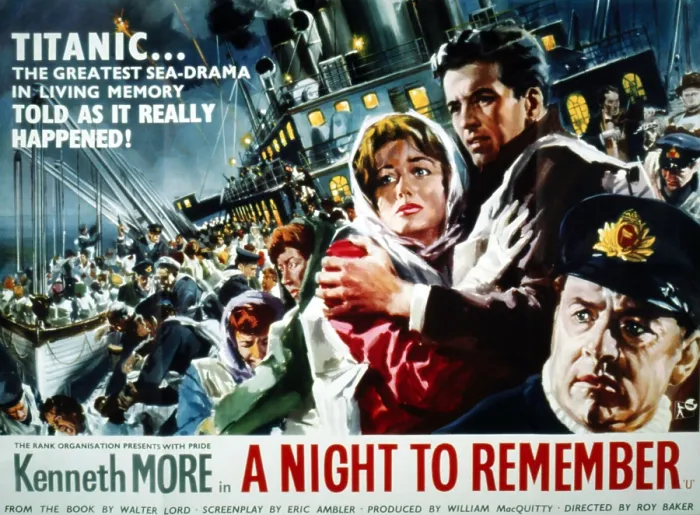 Framed Print : A NIGHT TO REMEMBER, large figures at right, from left: Jill Dixon, Ronald Allen, Kenneth More, 1958 antr1958-fsct001(antr1958-fsct001)