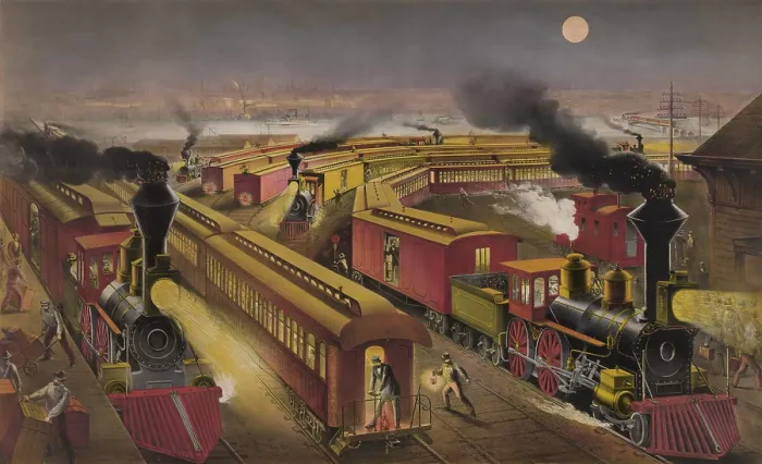 Framed Print : Night scene at an American railway junction in 1876. Three trains the Lightning Express Flying Mail and Owl Trains are in the multi-track station. LC-DIG-pga-00843