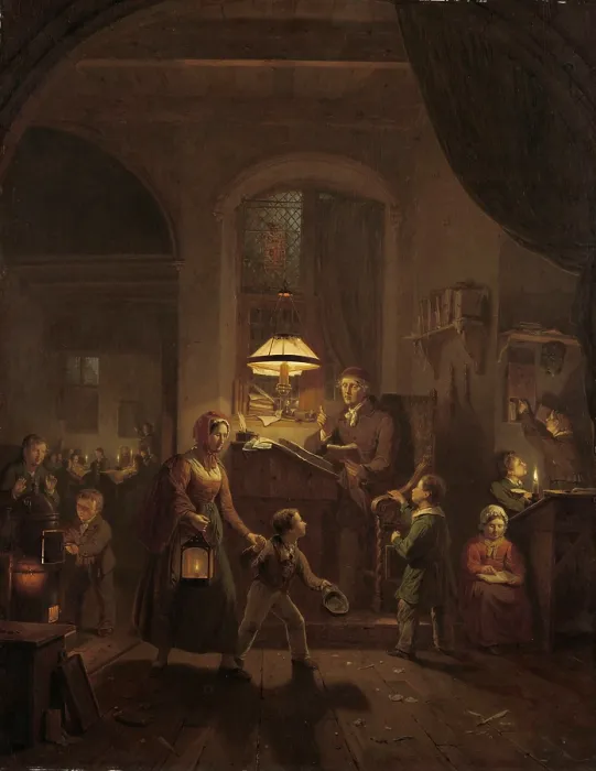 Framed Print : Night School, by George Gillis Haanen, 1835, Dutch painting, oil on panel. A mother with a lantern brings her son to school where other boys and one girl read by candlelight Framed Print : Night School, by George Gillis Haanen, 1835, Dutch painting, oil on panel. A mother with a lantern brings her son to school where other boys and one girl read by candlelight