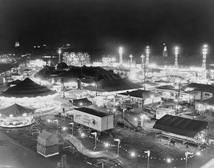 Framed Print : Night view of the tents and rides at the Kansas Free Fair in Topeka. 1952 Framed Print : Night view of the tents and rides at the Kansas Free Fair in Topeka. 1952