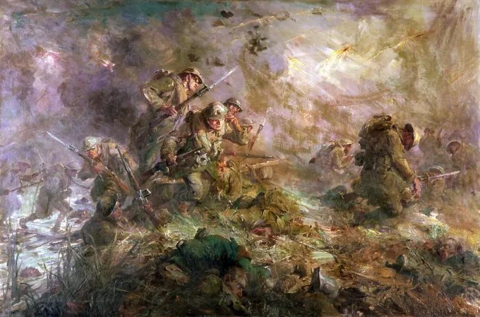 Framed Print : THE LAST NIGHT OF THE WAR, by Frederick C. Yohn. US assault across the Meuse River, by the 2nd Battalion, 5th Regiment, on the eve of the Armistice, 10-11 November 1918