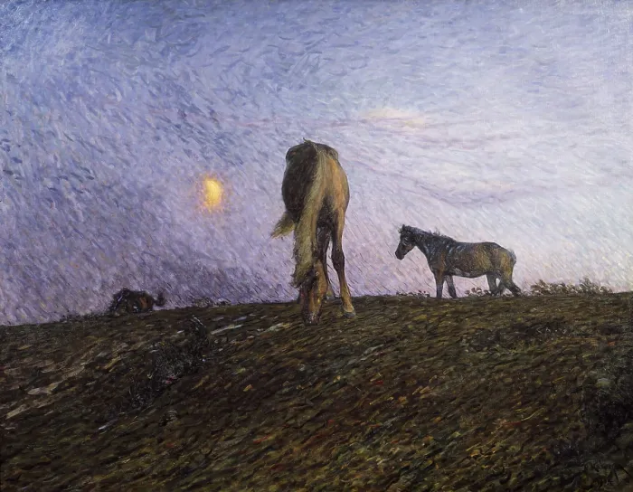 Framed Print : Nightfall, 1904, by Nils Kreuger, 1858-1930, Swedish painting, oil on canvas. The artist established a low viewpoint of three horses on a hill in the setting sun's light