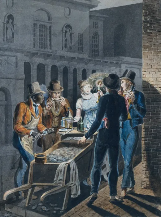 Framed Print : Nightlife in Philadelphia--an Oyster Barrow in Front of the Chestnut Street Theater, by John Lewis Krimmel, 1811-13