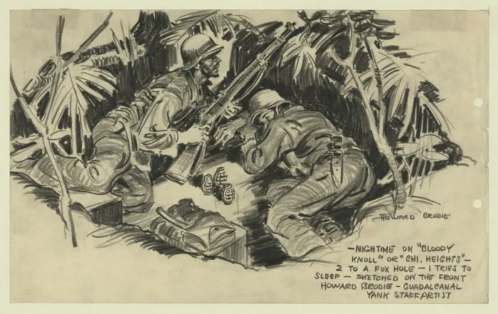 Framed Print : Nighttime on Bloody Knoll on Guadalcanal Island. Two U.S. soldiers share a foxhole, one alert while the other sleeps