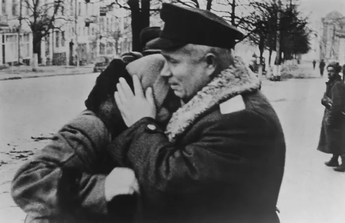 Framed Print : Nikita Khrushchev comforting a women during Ukraine's liberation from Nazi's in 1943. Khrushchev was a Political Commissar at Stalingrad and held the military rank of Lt