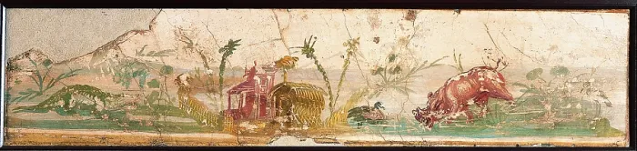 Framed Print : Nile Landscape, by unknown artist, 30-35, 1st Century A.D. ripped fresco, 38 x 143 cm - Italy, Campania, Naples, National Archaeological Museum, Room LXXIV, inv. 8561