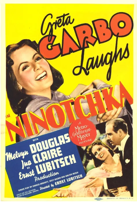 Framed Print : NINOTCHKA, top: Greta Garbo, bottom from left: Greta Garbo, Melvyn Douglas on midget window card, 1939