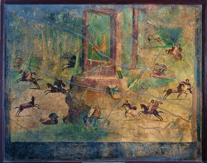 Framed Print : Niobids, by unknown artist, 20-37, 1st Century B.C. - 1st Century A.D. ripped fresco, 129 x 162 cm - Italy, Campania, Naples, National Archaeological Museum, Room LXXI, inv