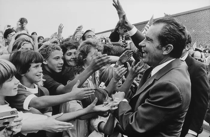 Framed Print : Nixon 1972 Re-election Campaign. Nixon being greeted by school children during a campaign stop