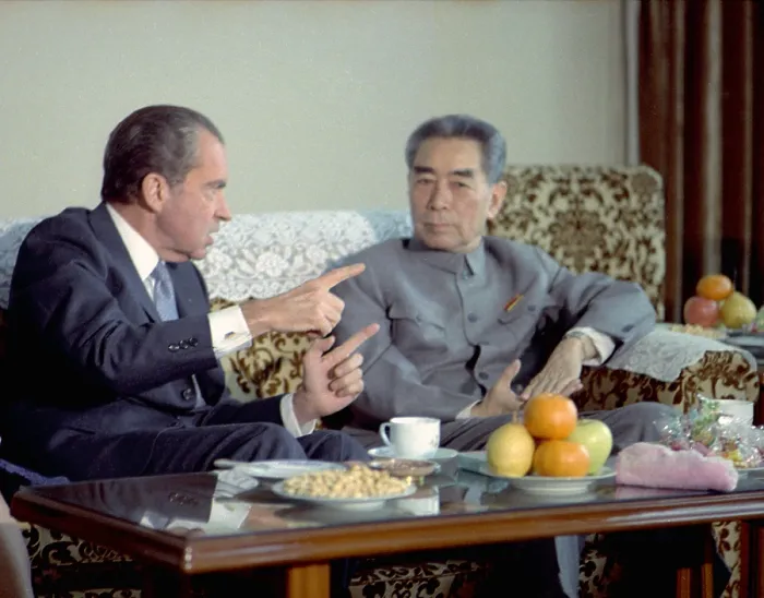 Framed Print : Nixon in China. President Nixon and Premier Chou-en-Lai enjoy tea at the Guest House upon the President's arrival to Peking on Feb. 21 1972