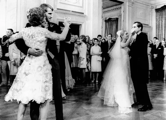 Framed Print : Nixon-Cox White House Wedding Reception. President Nixon dances with Tricia and the First Lady with the groom, Edward Cox Framed Print : Nixon-Cox White House Wedding Reception. President Nixon dances with Tricia and the First Lady with the groom, Edward Cox