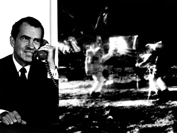Framed Print : Nixon Telephones Neil Armstrong on the Moon. Composite image of President Nixon and crude televised image of Apollo 11 astronauts Armstrong and Aldrin at Tranquility Base