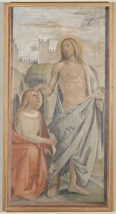 Framed Print : Noli me tangere. Christ and Mary Magdalene (Noli me tangere. Cristo e la Maddalena), by Bramantino, c. 1507, 16th Century, fresco, 214 x 105 cm - Whole artwork view