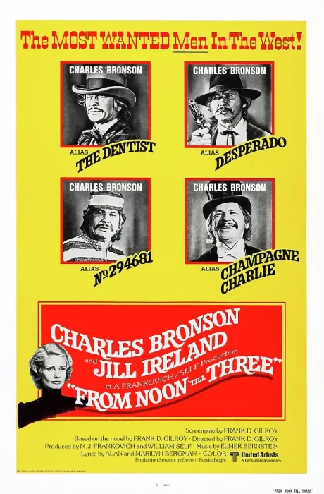 Framed Print : FROM NOON TILL THREE, US poster art, top (all 4 inserts): Charles Bronson; bottom left: Jill Ireland, 1976 Framed Print : FROM NOON TILL THREE, US poster art, top (all 4 inserts): Charles Bronson; bottom left: Jill Ireland, 1976